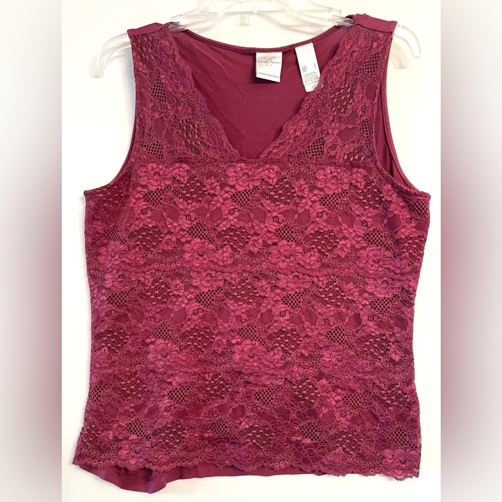 Burgundy Floral Lace Overlay Tank Top V-Neck Large L